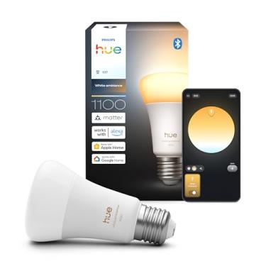 Imagem de Philips Hue Lâmpada LED inteligente A21, ambiente branco, base E26, 13,5 W, luz de espectro total 1000K-20000K, 1600 lúmens, regulável, funciona com Alexa, Google Assistant e Apple Home, 1