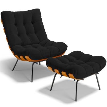 Imagem de Poltrona Costela L02 Com Puff Sala De Estar Bouclê Preto - Lyam Decor