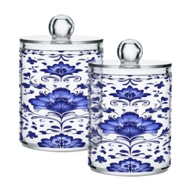 Imagem de JUZIHAI Pote de boticário de plástico transparente com tampa para enfeite floral azul Qtip organizador de banheiro recipientes de armazenamento de maquiagem para bola de algodão, cotonete, fio dental