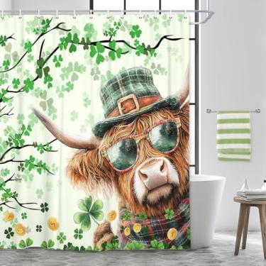Imagem de Cortina de chuveiro retrô de vaca Highland do Dia de São Patrício, trevo verde de animais de fazenda, decoração de banheira, banheiro, folhas de trevo de poliéster, acessórios de banheiro com ganchos,