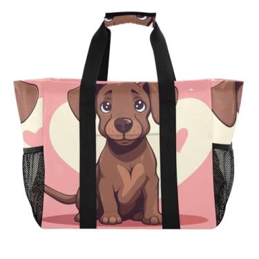 Imagem de ODAWA Sacola esportiva estética masculina - Bolsa de praia com coração marrom e lona resistente à água, Coração de cachorro marrom, One Size