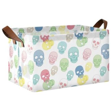 Imagem de Organizador de armário para armazenamento de cobertores, cestas decorativas grandes para decoração de casa com alças, caixas de armazenamento de prateleira 40 x 29 x 25 cm, caveiras, pastel, pacote