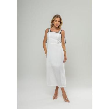 Imagem de Vestido Midi Com Alças De Amarração e Acabamento Contrastante Branco S