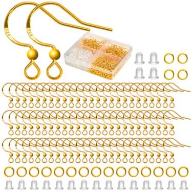 Imagem de Conjunto de 400 peças de ganchos de brincos franceses dourados – Arames de orelha de anzol com esfera, anéis de salto e costas de silicone – Joias hipoalergênicas para brincos DIY