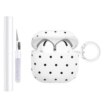 Imagem de AIIEKZ Capa compatível com AirPods 4, capa rígida de TPU com estampa fofa de bolinhas para AirPods 4ª geração com chaveiro de metal e kit de limpeza para meninas e mulheres (branco, bolinhas pequenas)