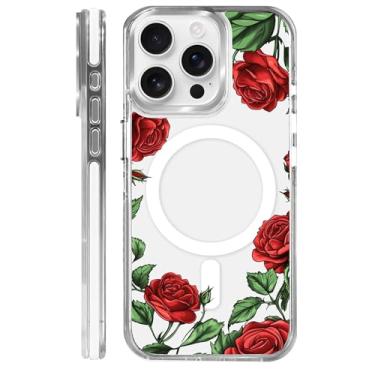 Imagem de MQJCYB Capa magnética para iPhone 15 Pro com design em base transparente, compatível com MagSafe, capa protetora fina de TPU macio para celular feminina e meninas - vermelho rosa flor feminina