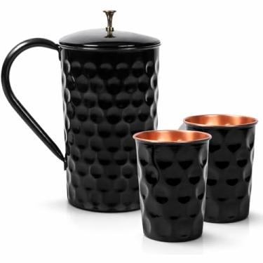 Imagem de Conjunto de canecas de cobre premium de 59 – 473 ml em forma de diamante + jarro de 1,5 L, feito à mão para Moscow Mule, coquetéis, café gelado e bebidas frias – Presente elegante de cobre preto para