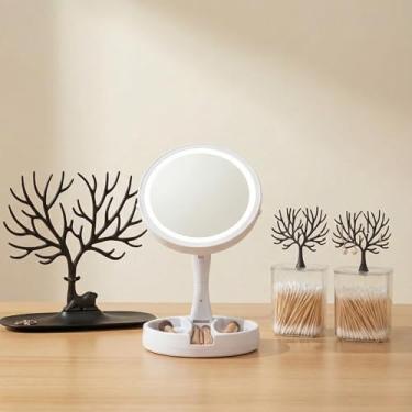 Imagem de Kit Espelho Facial com LED Articulável + Porta Joias Organizadora Árvore + Porta Algodão e Cotonete Acrílico com Tampa. Espelho para Maquiagem Com Aumento 10x Dupla Face (PRETO)