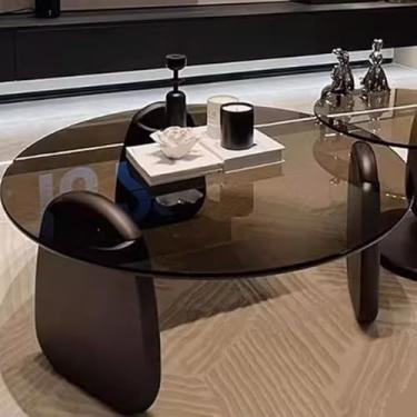 Imagem de EASYSOUL Mesa de centro redonda moderna com tampo de vidro, 70 cm P x 70 cm L x 37 cm A, mesas de chá circulares para sala de estar, escritório em casa, mesas de coquetel industriais (vidro