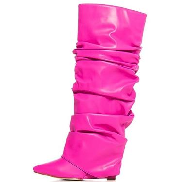 Imagem de Yishaweiqi Botas femininas dobradas franzidas despojadas com salto cunha de couro envernizado, cano alto, bico fino, botas casuais, rosa, 40