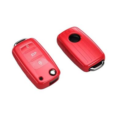 Imagem de Capa Csae de chave de carro de fibra de carbono TPU compatível com VW Polo Golf Passat compatível com Skoda Octavia A5 Bora Jetta Seat Ibiza Leon acessórios(A-red)