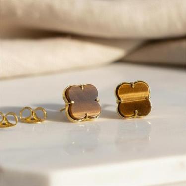 Imagem de Brinco de Ouro 18k com Pedra Olho de Tigre em Formato de Trevo - no-br