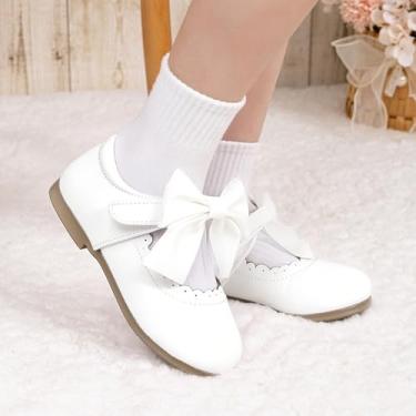 Imagem de Sapato social infantil para meninas, com laço e laço Mary Jane, sapatilhas, uniformes escolares fofos para festas de casamento, Branco, 22
