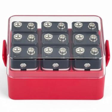 Imagem de ALCYON Estojo organizador de bateria, caixa de compartimento de bateria para 12 peças de baterias de 9 V, suporte de bateria protetor de plástico transparente para viagem/casa/escritório (vermelho