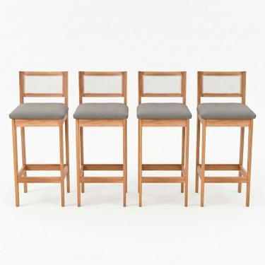 Imagem de Kit 04 Banquetas Altas Brunella 99cm Com Encosto Telinha Estilo Palha Linho Cinza Claro - Desk Design