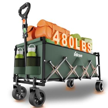 Imagem de InBrave Carrinho de carroça dobrável extralongo, vagões utilitários resistentes de 217 kg com rodas para todo o terreno, carrinhos de mercearia dobráveis para jardinagem, compras, praia, acampamento