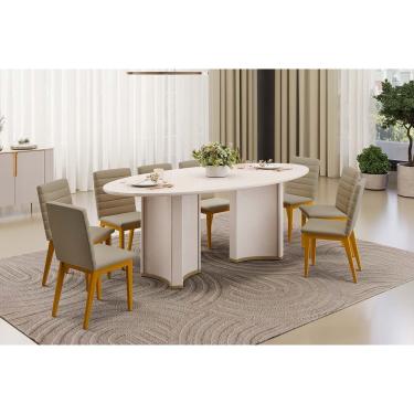 Imagem de Conjunto: Mesa Sala Jantar Liz c/ Tampo Madeirado c/ Vidro Oval 218x108cm e 8 Cadeiras...