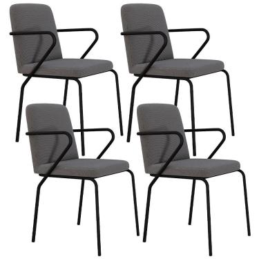 Imagem de Kit 04 Cadeiras Estofada Para Sala De Jantar Com Braço Loft Preto C01 Linho Fendi Cinza - Lyam Decor