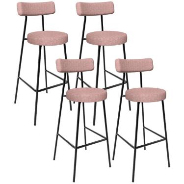 Imagem de Kit 04 Banquetas Alta Bar Cozinha Sala De Jantar Aço Milão L02 Linho Rosa - Lyam Decor