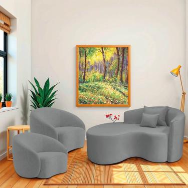 Imagem de Kit Recamier Curvo Sala De Estar Inglaterra 150cm Lado Esquerdo E 2 Poltronas Orgânica Luxo Amore Bouclé Cinza