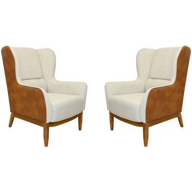 Imagem de Kit 02 Poltronas Milena Base Madeira Corano Caramelo/linho Sand Dollar - Nexta Casa