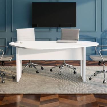 Imagem de Mesa de Reunião Orgânica 180x105cm com Caixa de Tomadas e Pés em Metal Corporate Branco