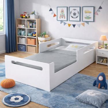 Imagem de Cama Infantil Juvenil Com Proteção Lateral Segura Branca Com Colchão