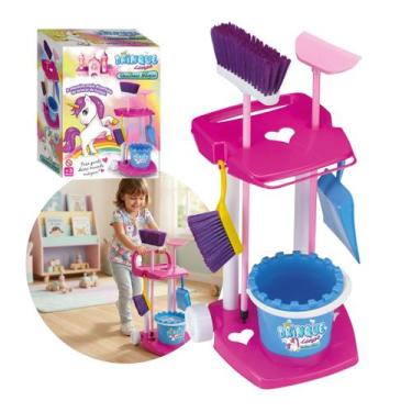 Imagem de Kit Limpeza Infantil Unicórnio Completo Com Carrinho Vassoura Rodo E A