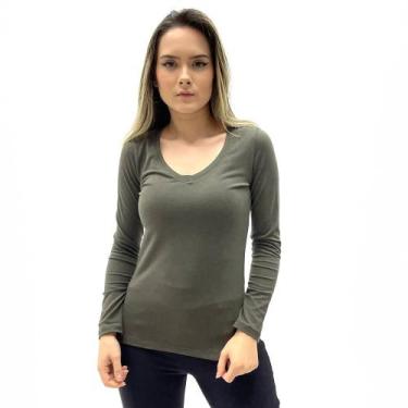 Imagem de Blusa Hering Básica Gola V Manga Longa Feminina, XXXG, Verde militar