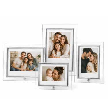 Imagem de Conjunto 4 Porta-Retratos Vidro Premium 10x15cm e 15x21cm Vertical e Horizontal Borda Prata Yangzi