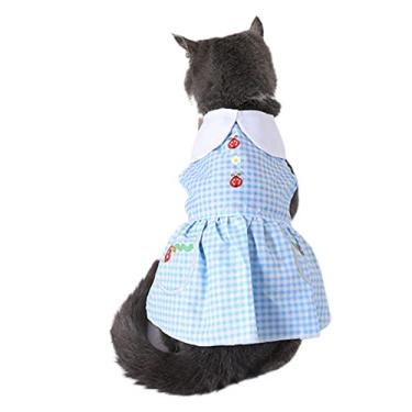 Imagem de Kasituny Roupa para filhotes padrão xadrez saia para cachorro camiseta de verão azul confortável M