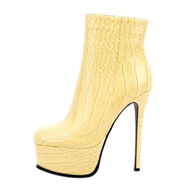 Imagem de AOOAR Botas femininas de salto alto plataforma cano médio de 15,24 cm botas de cano curto, Crocodilo amarelo claro, 8