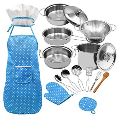 Imagem de Tianzo Crianças Cozinhando e Assando Conjunto 18 PCS com Chapéu de Chef Avental Forno Mitt Pan Sopa Panela Colher Pá Utensílios de Cozinha Crianças Chef Papel Playset Presente Educacional para Meninas