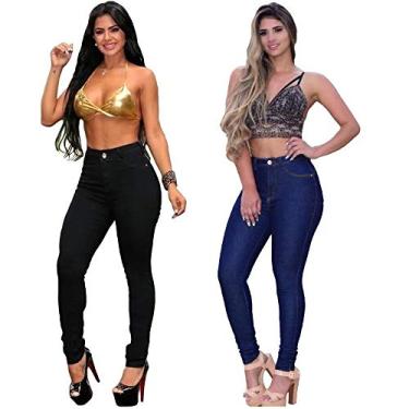 Imagem de Kit com 2 Calças Jeans Femininas Cintura Alta (Azul/Preta, 38)