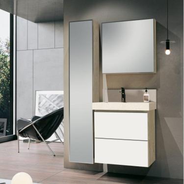Imagem de Conjunto para Banheiro com Espelheira, Gabinete, Lavatório com Cuba Esculpida, Armário Vertical Bumi Branco/Wood