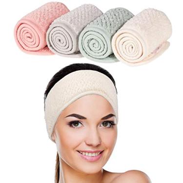 Imagem de Whaline Pacote com 4 faixas faciais de spa, super absorção, envoltório de cabelo de lã coral ajustável, faixa de cabeça de toalha macia para lavagem de rosto, banho de ioga esportiva