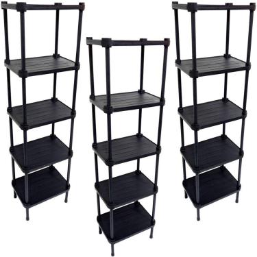 Imagem de 3 Estantes de Plástico Modular Multiuso 5 Prateleiras 1 Torre Preta Montável 65 Kg Qualyplas