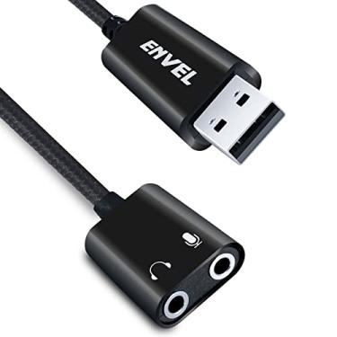 Imagem de ENVEL Adaptador de áudio USB para 3,5 mm, placa de som estéreo externa com entrada dupla TRS de 3 polos de 3,5 mm para fone de ouvido e microfone para PS4/PS5/PC/laptop, adaptador de fone de ouvido com chip integrado compatível com microfone (preto Pro)