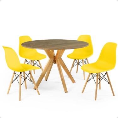 Imagem de Conjunto Mesa de Jantar Redonda Marci Natural 100cm com 4 Cadeiras Eames Eiffel - Amarelo