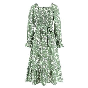 Imagem de Maxi Saias femininas com gola em U, manga comprida, estampa floral, vestido solto, vestido de renda, vestido evasê, Verde, GG