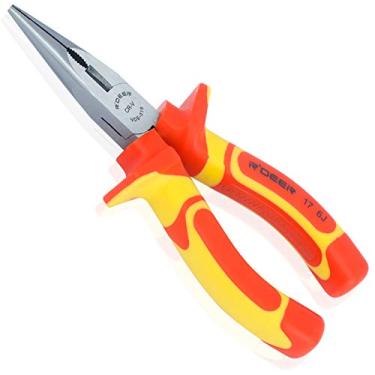 Imagem de Alicate de eletricista de nariz longo com cabo isolado de 15 cm R'deer VDE 1000v Cr-V Ferramenta de corte lateral de agulha de nível industrial