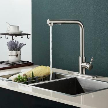 Imagem de Puxe para fora torneira da pia da cozinha 2 função bico torneiras rotação deck montar aço inoxidável misturador de água quente fria lavagem, níquel com placa, 1