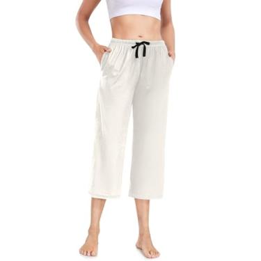 Imagem de CHIFIGNO Calça de pijama feminina com bolsos com cordão, calça de pijama de perna larga, Floral branco, M