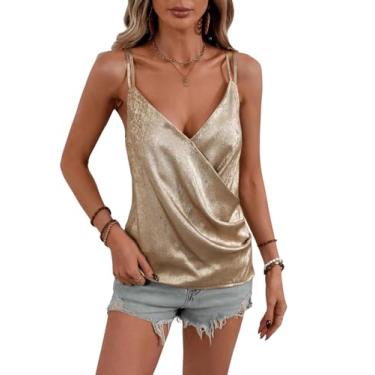 Imagem de MakeMeChic Camiseta feminina com decote em V, alças finas, sem mangas, franzida para o verão, camisas elegantes, Dourado, M