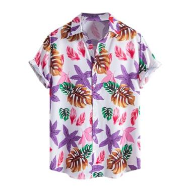 Imagem de OYOANGLE Camisa masculina de manga curta com estampa tropical e colarinho havaiano para férias, Roxo, branco, G