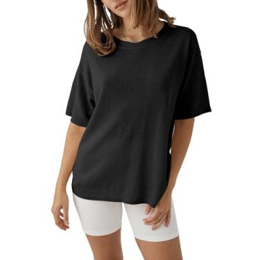 Imagem de Tankaneo Camisetas femininas de verão de meia manga, tamanho grande, casual, caimento solto, transparente, Preto, P