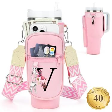 Imagem de LOKASS Suporte de garrafa de água personalizado com alça para acessórios Stanley Cup Tumbler de 1,134 g, bolsa de transporte inicial para garrafa de água com bolso para telefone, para mulheres, ideal