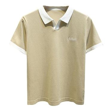 Imagem de Camisa polo masculina de lapela sólida camisa de golfe com botão respirável camiseta elástica atlética top slim fit short, Cáqui, M