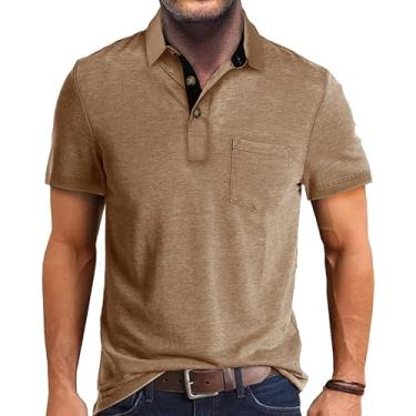 Imagem de Camisa polo masculina casual clássica manga curta botão absorção de umidade golfe bolso camisas, Caqui, GG