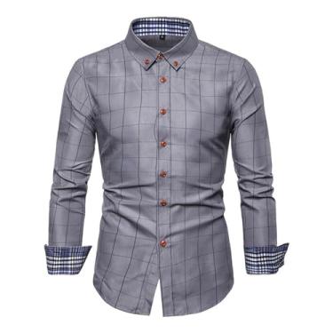 Imagem de Camisa masculina casual padrão xadrez ajuste solto mangas compridas punhos ajustáveis botões camisa, Cinza, XG